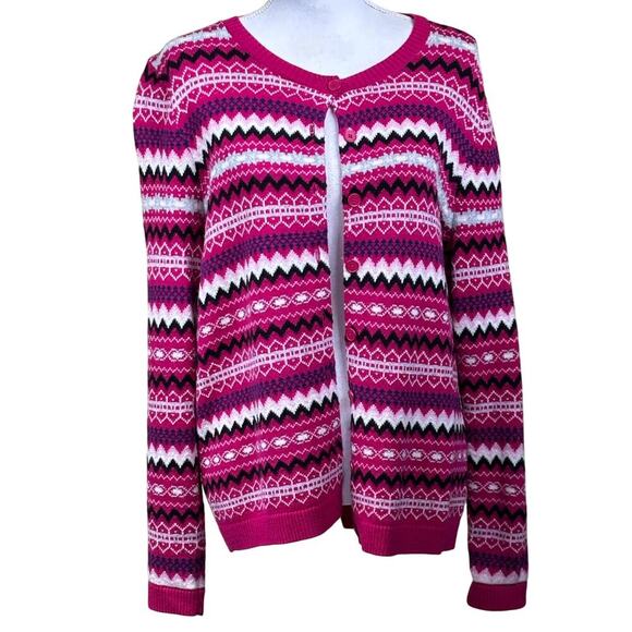 Talbots pink Fair Isle cardigan, LP, preppy, cottagecore, Nordic, cozy, bright - Picture 1 of 5